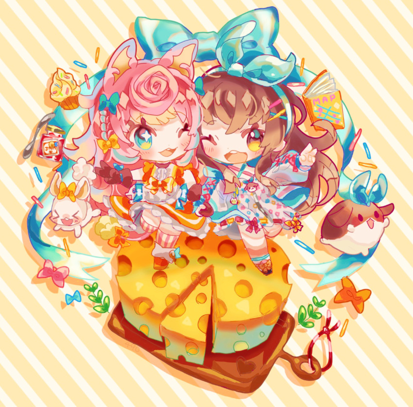 2girls :d apron bangs blush bow braid brown_hair cheese chibi dress food hair_bow hair_ornament hairband highres indie_virtual_youtuber korone_pochi long_hair multiple_girls nanahira one_eye_closed open_mouth outstretched_arm pink_hair ribbon sicure skirt sleeveless sleeveless_dress smile striped thick_eyebrows thigh-highs very_long_hair virtual_youtuber waist_apron white_apron yellow_dress yellow_eyes