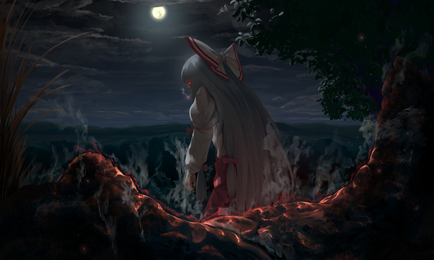 1girl absurdres bow cigarette clouds commentary fire forest fujiwara_no_mokou glowing glowing_eyes grey_hair hair_bow highres kiyonetto long_hair long_sleeves looking_at_viewer moon nature night night_sky outdoors pants red_bow red_eyes red_pants scorch_mark shirt sideways_glance sky smoke smoking solo touhou very_long_hair white_bow white_shirt