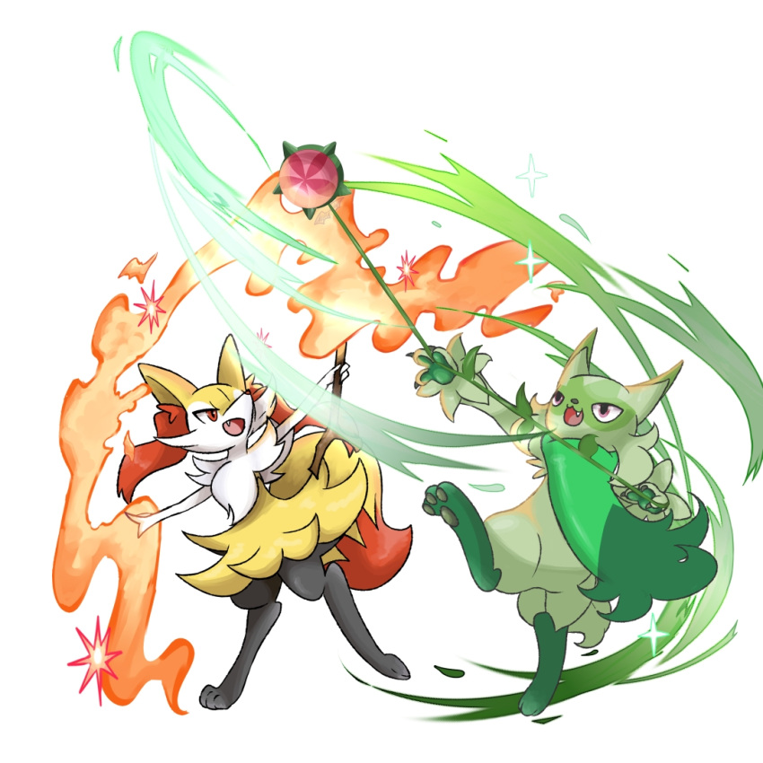 1girl 1other :3 animal_ear_fluff animal_ears animal_feet animal_hands animal_nose black_fur body_fur braixen cat_ears chinese_commentary claws commentary_request fang feet fire flat_chest floragato fox_ears fox_girl fox_tail full_body fur_collar furry furry_female green_fur happy holding holding_stick leg_up looking_up mew_kate multicolored_fur open_mouth outstretched_arm outstretched_arms pawpads pokemon pokemon_(creature) red_eyes smile snout sparkle standing standing_on_one_leg stick tail violet_eyes white_background white_fur yellow_fur yo-yo
