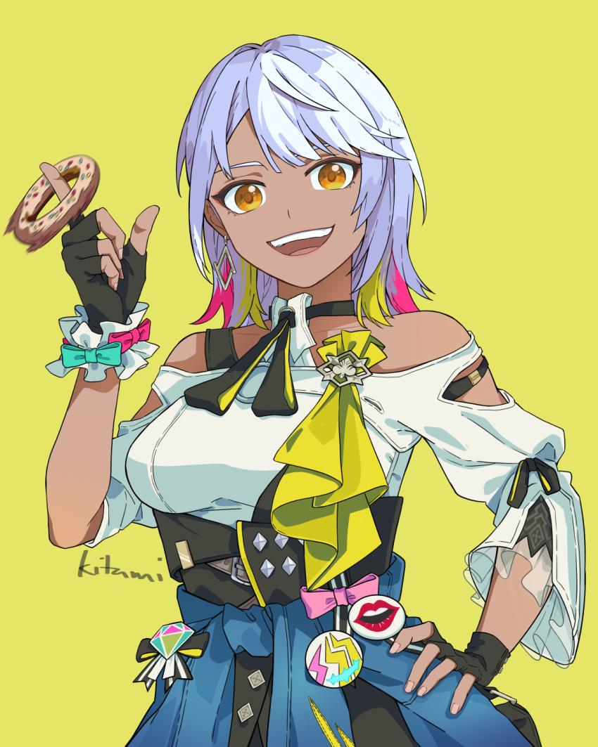 1girl :d bangs bare_shoulders black_gloves black_shorts blue_jacket carole_peppers clothes_around_waist dark-skinned_female dark_skin doughnut earrings fingerless_gloves food gloves hand_on_hip highres honkai_(series) honkai_impact_3rd jacket jacket_around_waist jewelry kitamiteo looking_at_viewer open_mouth shirt short_hair shorts smile solo upper_body white_hair white_shirt yellow_background yellow_eyes