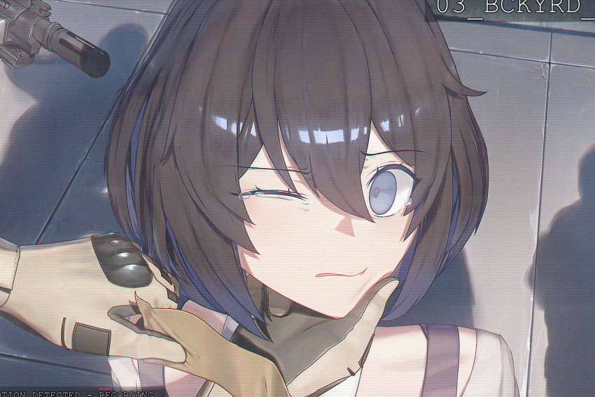 1girl 1other assault_rifle bangs blue_hair brown_gloves close-up crying crying_with_eyes_open gloves gun highres honkai_(series) honkai_impact_3rd looking_at_viewer one_eye_closed open_mouth parted_lips rifle seele_vollerei seele_vollerei_(swallowtail_phantasm) shadow sileeeeence solo_focus tears weapon