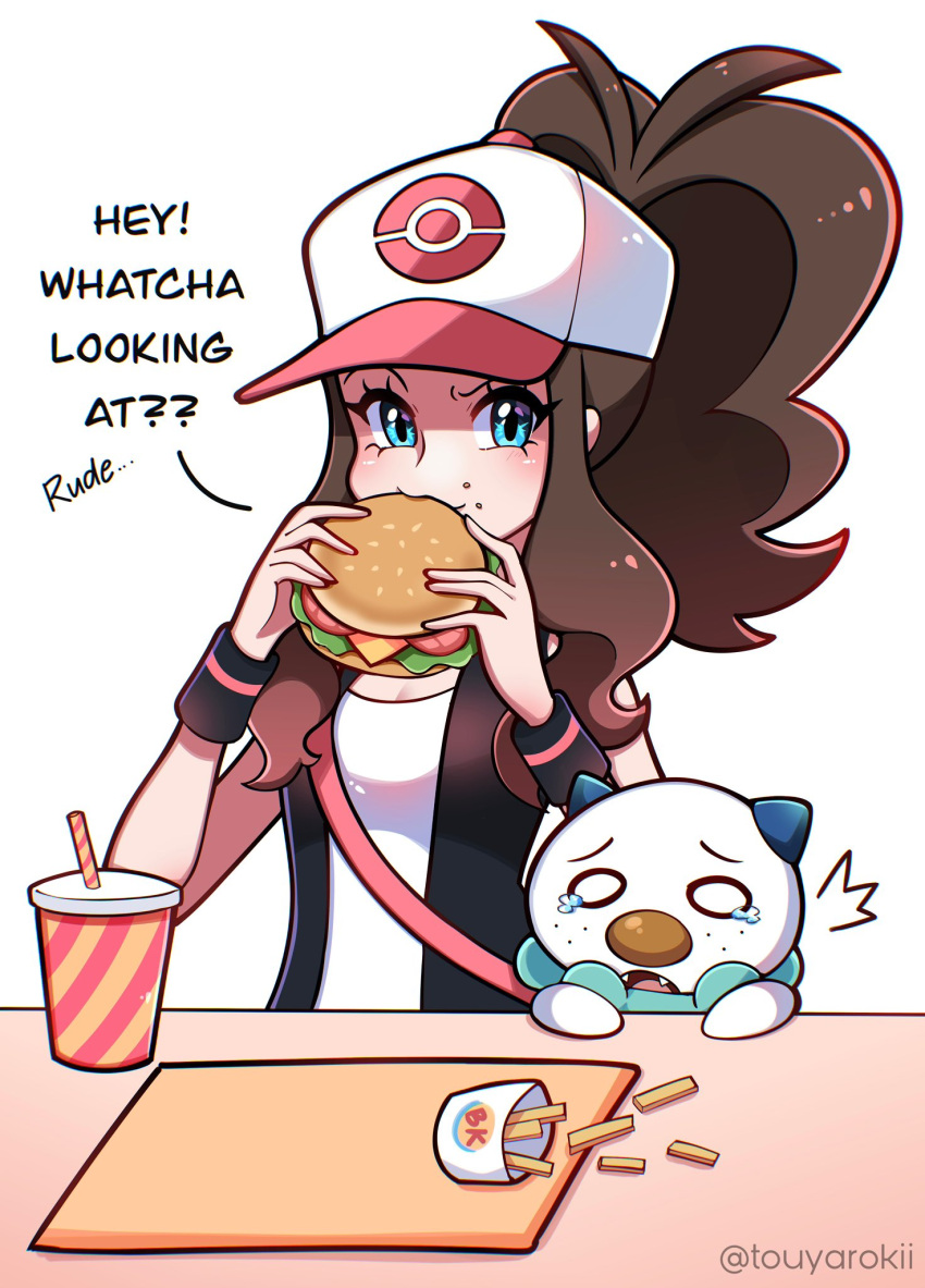 1girl blue_eyes burger eating food hat highres hilda_(pokemon) holding looking_at_viewer oshawott pokemon pokemon_(creature) pokemon_(game) pokemon_bw simple_background touyarokii white_background