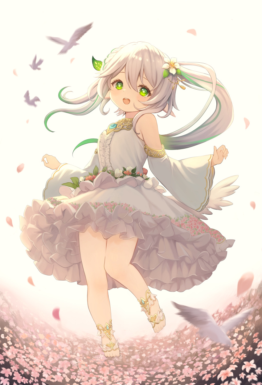 1girl :d absurdres anklet backlighting bare_legs bare_shoulders bird bloom brooch center_frills colored_tips commentary_request detached_sleeves dress fairy_wings falling_petals feet floating_hair flower frilled_dress frills full_body genshin_impact green_eyes green_hair hair_ornament happy highres jewelry leaf_hair_ornament leg_up long_hair marekamico medium_dress multicolored_hair nahida_(genshin_impact) open_mouth petals pink_flower side_ponytail sleeveless sleeveless_dress smile solo standing standing_on_one_leg streaked_hair teeth toeless_footwear toes two-tone_hair upper_teeth white_dress white_hair white_sleeves white_wings wide_sleeves wings
