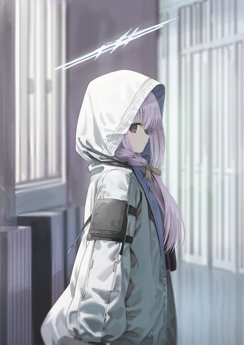 1girl atsuko_(blue_archive) blue_archive braid feet_out_of_frame halo highres hood jacket looking_at_viewer looking_to_the_side purple_hair red_eyes wasabi60 white_jacket