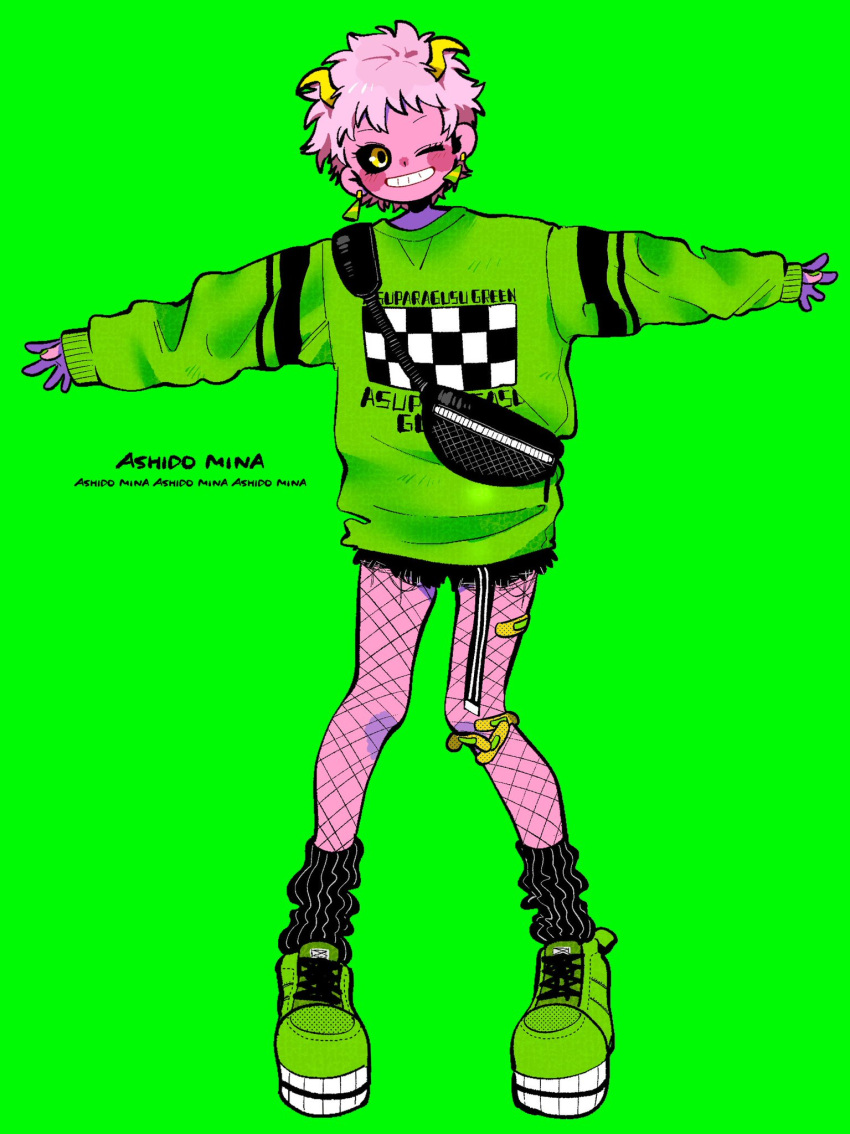 1girl alternate_costume anna_(aannnaa3) ashido_mina bandaid bandaid_on_knee bandaid_on_leg black_bag black_sclera black_shorts black_socks blush boku_no_hero_academia character_name checkered_clothes checkered_shirt clothes_writing colored_sclera colored_skin commentary_request earrings fishnet_pantyhose fishnets full_body green_background green_footwear green_nails green_shirt grin highres horns jewelry long_sleeves looking_at_viewer one_eye_closed outstretched_arms pantyhose pink_hair pink_skin shirt shoes short_hair shorts simple_background smile sneakers socks solo standing striped striped_socks vertical-striped_socks vertical_stripes yellow_eyes yellow_horns