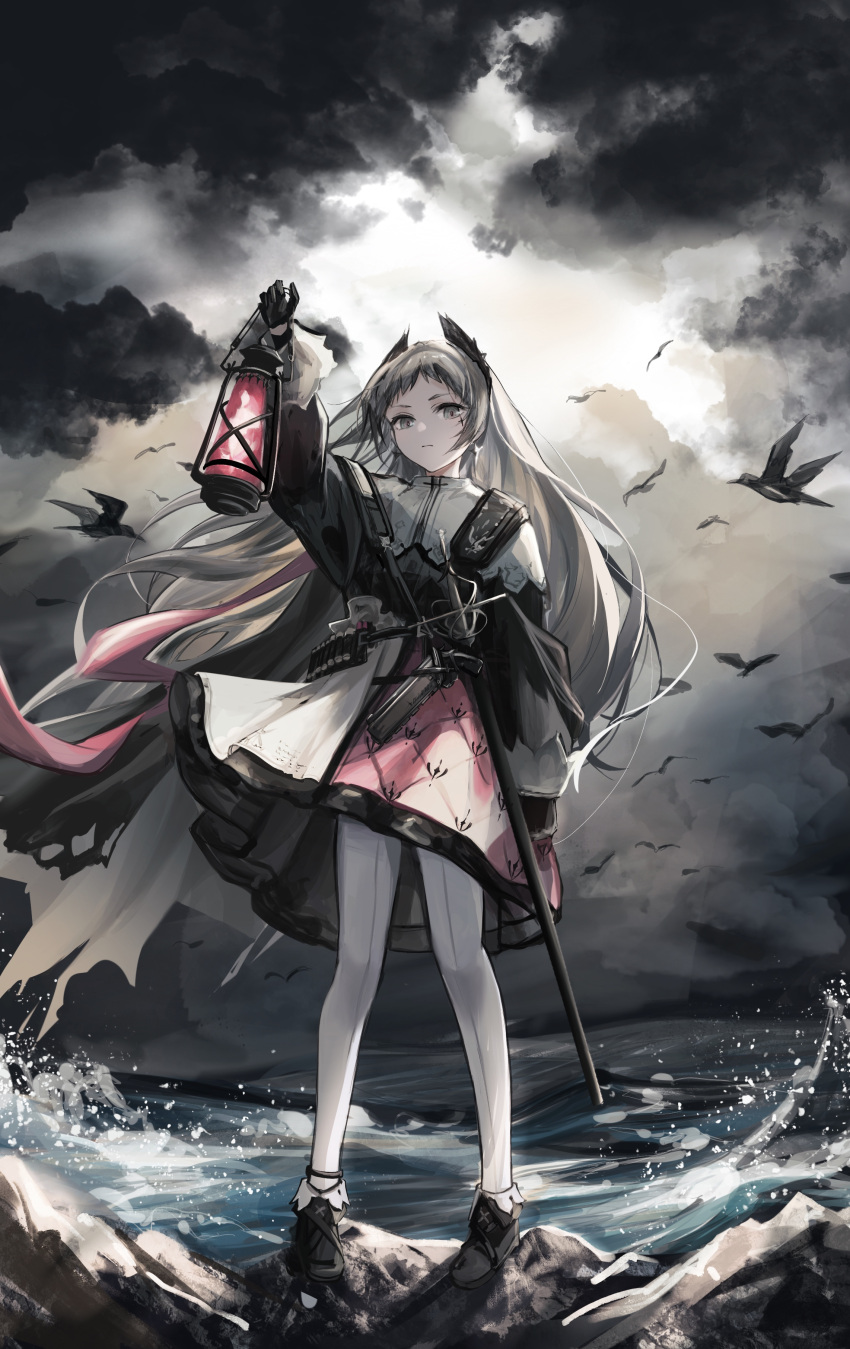 1girl absurdres ammunition_belt arknights bird black_gloves black_jacket capelet closed_mouth clouds cloudy_sky gloves grey_hair gun high-waist_skirt highres holding holding_lantern horizon irene_(arknights) jacket lantern light long_hair long_sleeves looking_at_viewer mihaia ocean pink_skirt print_skirt sheath sheathed skirt sky solo sword very_long_hair violet_eyes water waves weapon white_capelet white_skirt