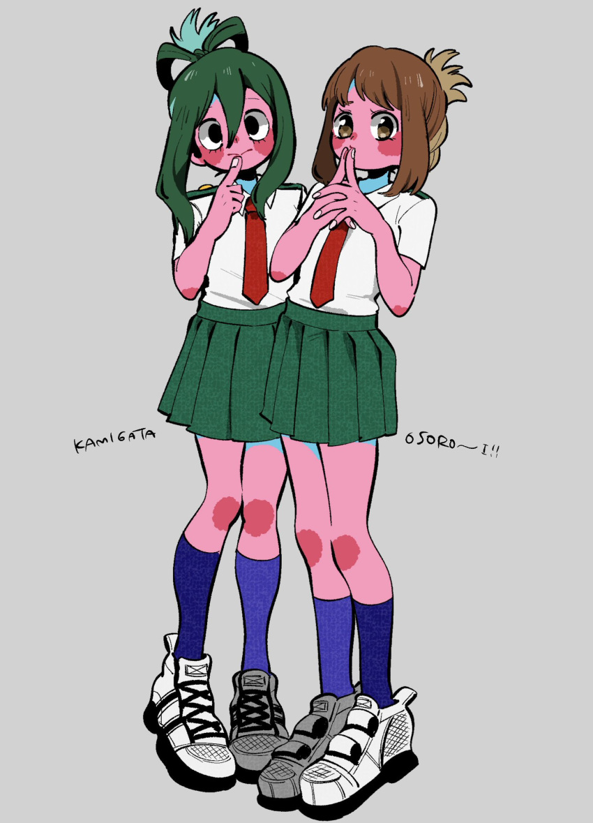 2girls alternate_hairstyle anna_(aannnaa3) asui_tsuyu bangs black_eyes blue_socks blush boku_no_hero_academia bow-shaped_hair brown_eyes brown_hair closed_mouth collared_shirt commentary_request finger_to_mouth fingers_to_mouth folded_ponytail full_body green_hair green_skirt grey_background hair_between_eyes highres looking_at_viewer multiple_girls necktie own_hands_together pleated_skirt red_necktie romaji_text school_uniform shirt shoes short_sleeves sidelocks simple_background skirt sneakers socks standing u.a._school_uniform uraraka_ochako white_footwear white_shirt