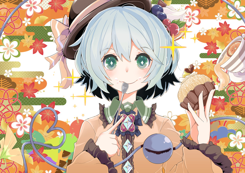 1girl absurdres black_headwear blueberry blush bow bright_pupils buttons cherry closed_mouth commentary_request cup diamond-shaped_pupils diamond_(shape) diamond_button food food_on_face frilled_shirt_collar frilled_sleeves frills fruit godwindgirl green_eyes green_hair hair_between_eyes hat hat_bow heart heart_of_string highres holding holding_food holding_spoon komeiji_koishi long_sleeves looking_at_viewer orange_(fruit) orange_slice pastry saucer shirt short_hair solo sparkle spoon symbol-shaped_pupils teacup third_eye touhou upper_body whipped_cream white_pupils wide_sleeves yellow_bow yellow_shirt