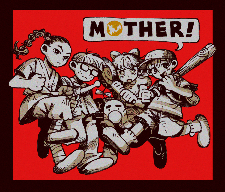 1girl 3boys 9twoeight :&lt; baseball_bat baseball_cap blush bow braid closed_mouth copyright_name doseisan freckles glasses greyscale_with_colored_background hair_bow hat highres holding holding_baseball_bat jeff_andonuts long_hair looking_at_viewer mother_(game) mother_2 multiple_boys ness_(mother_2) open_mouth paula_(mother_2) poo_(mother_2) red_background shirt short_hair short_sleeves simple_background smile socks speech_bubble striped striped_shirt