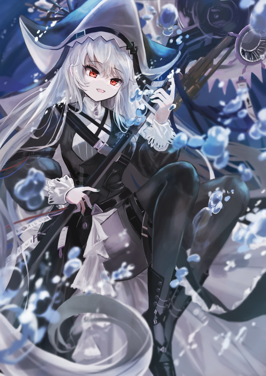 1girl :d air_bubble arknights bangs black_dress black_footwear black_panties black_pantyhose black_thighhighs boots bubble dress grey_hair highres holding holding_weapon kataageteto knee_boots long_hair long_sleeves looking_at_viewer open_mouth panties pantyhose pelvic_curtain red_eyes smile solo specter_(arknights) specter_the_unchained_(arknights) thigh-highs thighhighs_over_pantyhose underwater underwear very_long_hair weapon white_headwear