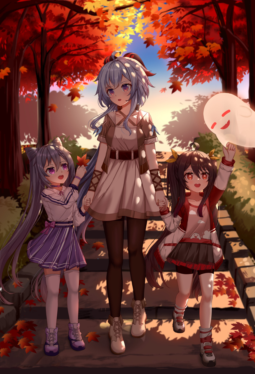 3girls :d absurdres aged_down ahoge alternate_costume autumn autumn_leaves bangs belt bike_shorts black_hair black_pantyhose blue_hair blurry boo_tao_(genshin_impact) casual choker collarbone commentary_request cone_hair_bun contemporary depth_of_field double_bun full_body ganyu_(genshin_impact) genshin_impact ghost hair_between_eyes hair_bun hair_ribbon height_difference highres hood hooded_jacket horns hu_tao_(genshin_impact) jacket keqing_(genshin_impact) long_hair long_sleeves looking_at_another multiple_girls pantyhose pleated_skirt purple_hair red_eyes ribbon shoes short_sleeves sidelocks skirt skym_(kumei) smile sneakers stairs symbol-shaped_pupils thigh-highs tree twintails violet_eyes walking white_thighhighs wind