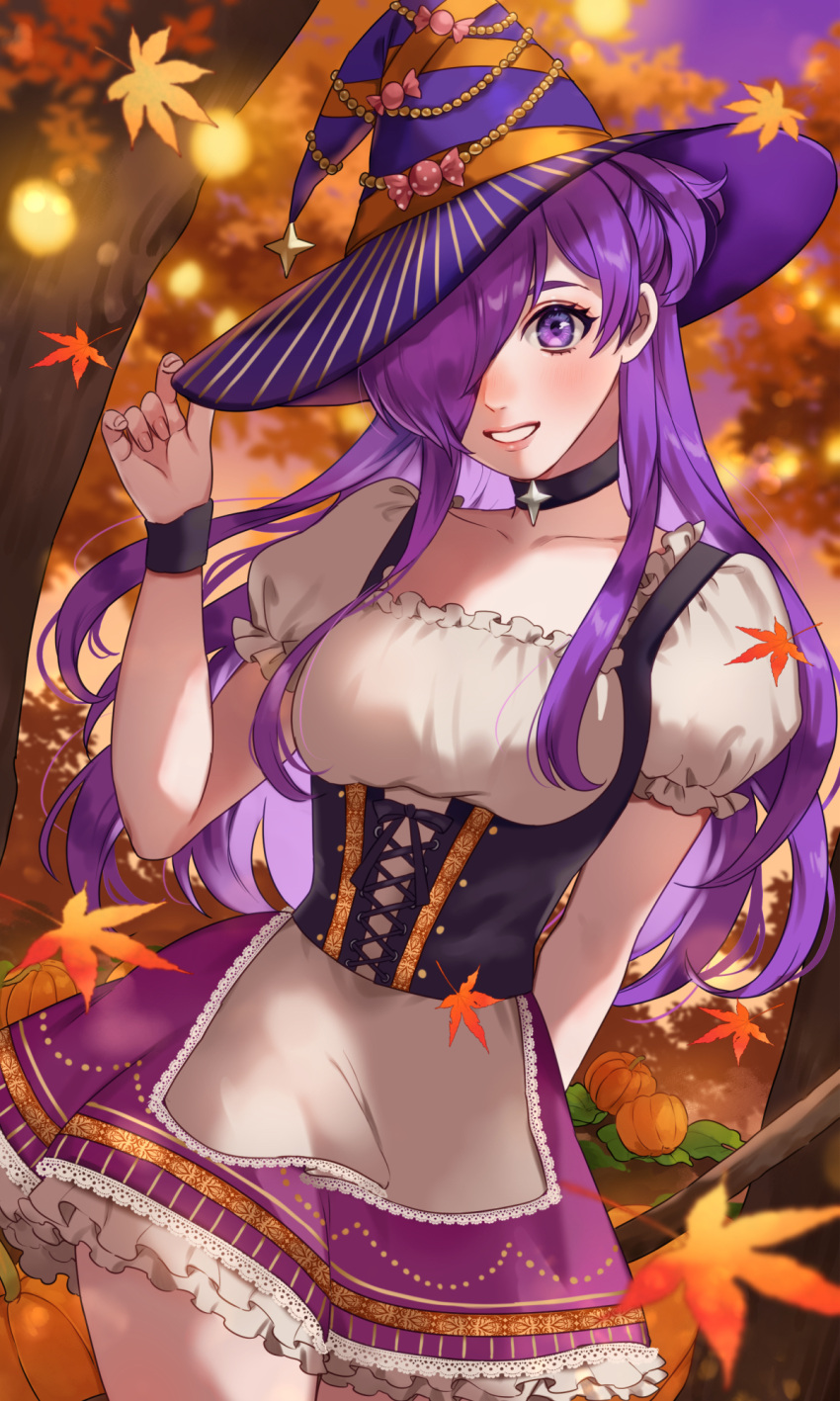 1girl alternate_costume arm_behind_back autumn_leaves black_choker choker collarbone commentary_request dress fingernails fire_emblem fire_emblem:_three_houses fire_emblem_warriors:_three_hopes frilled_dress frilled_skirt frills hair_over_one_eye halloween halloween_costume hat highres leaf long_hair looking_at_viewer one_eye_covered puffy_short_sleeves puffy_sleeves pumpkin purple_hair purple_headwear purple_skirt shez_(fire_emblem) shez_(fire_emblem)_(female) short_sleeves skirt smile solo tree violet_eyes wawatiku white_dress witch_hat