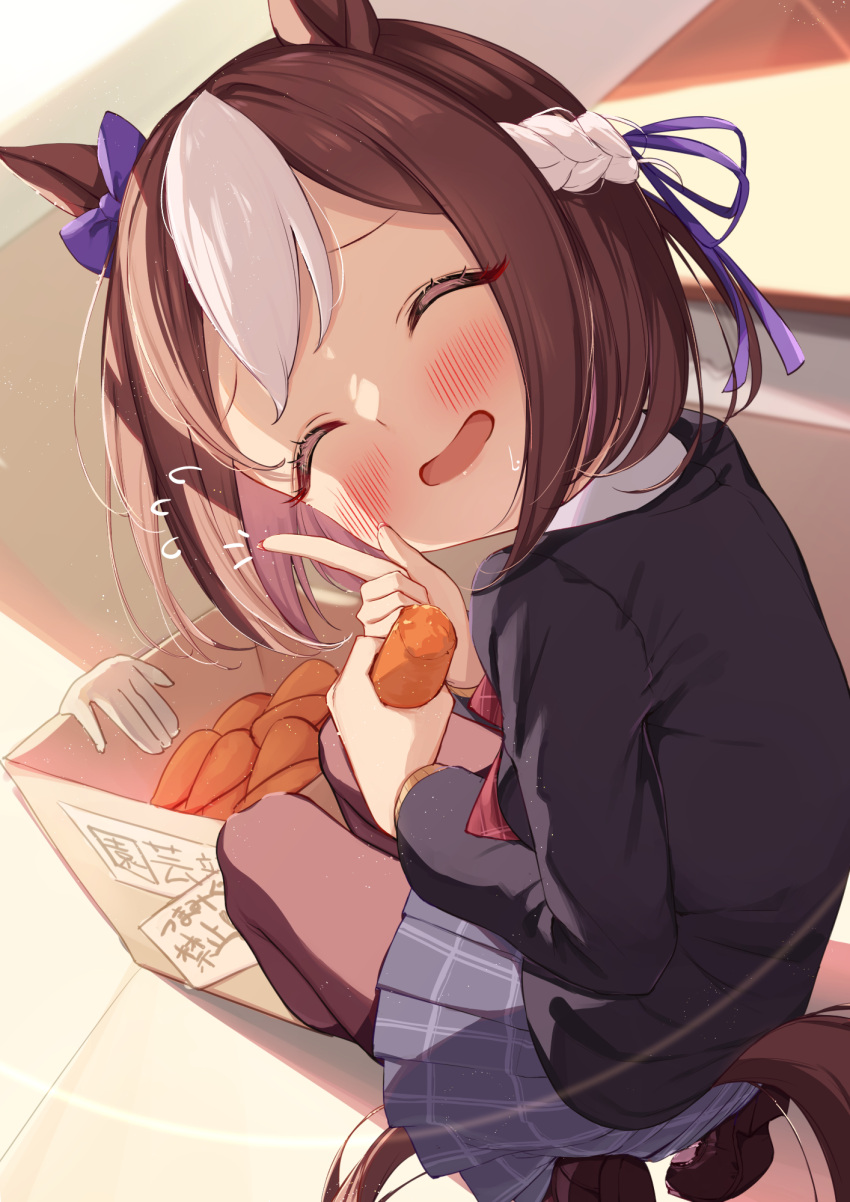 1girl animal_ears blush bow bowtie braid brown_hair brown_sweater closed_eyes ear_bow food grey_skirt highres holding holding_food horse_ears horse_girl jacket long_sleeves multicolored_hair open_clothes open_jacket open_mouth pleated_skirt red_bow red_bowtie saboten_mushi shirt skirt smile solo special_week_(umamusume) streaked_hair sweater umamusume white_hair white_shirt