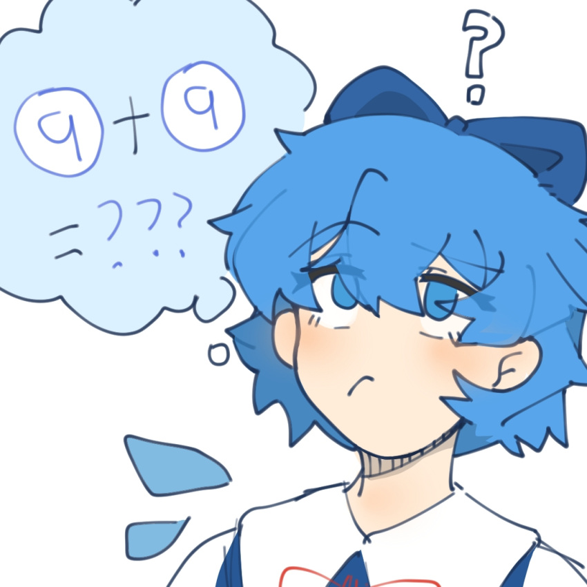 1girl ? ?? blue_bow blue_eyes bow circled_9 cirno closed_mouth collared_shirt commentary hair_bow shengxian_miaomiao_cui shirt short_hair simple_background solo symbol-only_commentary thinking thought_bubble touhou white_shirt