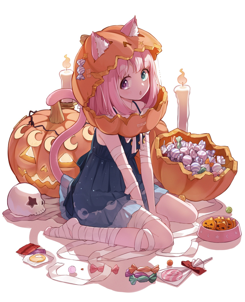 1girl :o absurdres animal_ear_fluff animal_ears bandaged_arm bandaged_leg bandages blue_dress bob_cut bowl candle candy cat_ears cat_girl cat_tail dress food from_side green_eyes halloween heterochromia highres himemori_luna hololive jack-o'-lantern jack-o'-lantern_head lifted_by_tail looking_at_viewer medium_hair mummy_costume no_shoes official_alternate_hair_length official_alternate_hairstyle pet_bowl pink_hair pinkusan pleated_dress short_dress sideways_glance sitting sleeveless sleeveless_dress solo star_(symbol) star_in_eye symbol_in_eye tail tail_raised violet_eyes virtual_youtuber wariza