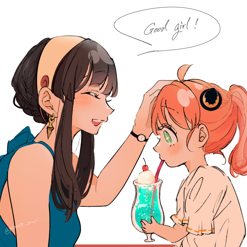 2girls absurdres ahoge alternate_hairstyle anya_(spy_x_family) bangs black_hair blush child closed_eyes drinking_straw earrings english_text female_child food green_eyes hairpods headpat highres ice_cream ice_cream_float jewelry long_hair mother_and_daughter multiple_girls parted_lips peanuts_omr pink_hair ponytail sidelocks sleeveless smile sparkling_eyes spy_x_family watch watch yor_briar