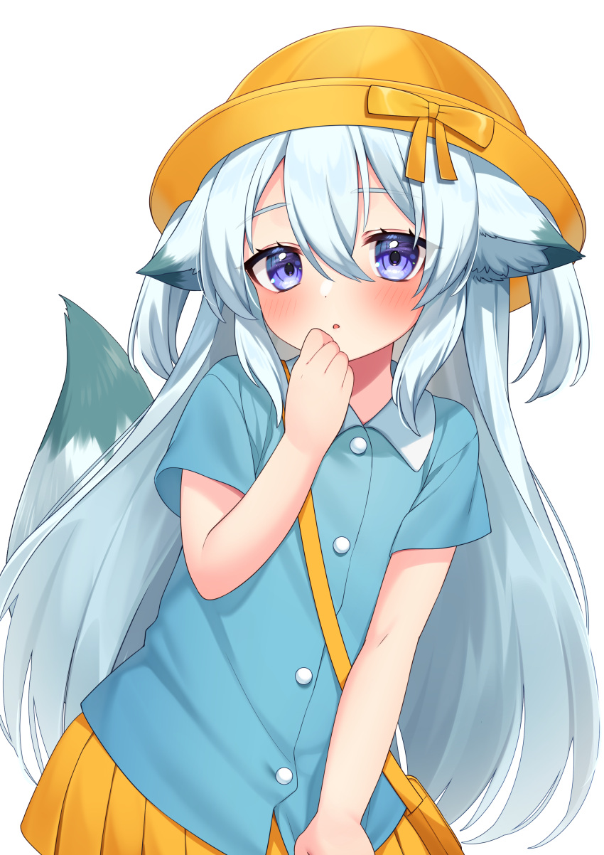 :o absurdres animal_ear_fluff animal_ears bag bangs blue_shirt blush collared_shirt commission copyright_request dress_shirt grey_hair hair_between_eyes hand_up hat highres kindergarten_bag long_hair looking_at_viewer parted_lips pleated_skirt sakura_chiyo_(konachi000) school_hat shirt shoulder_bag simple_background skirt tail tail_raised two_side_up very_long_hair violet_eyes virtual_youtuber white_background yellow_headwear yellow_skirt