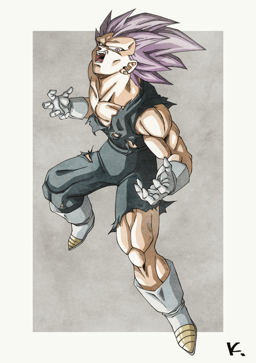 1boy bodysuit boots dragon_ball dragon_ball_super earrings full_body gloves highres jewelry kakeru_(dbskakeru) male_focus muscular muscular_male no_eyebrows official_style open_mouth purple_hair signature single_earring solo toriyama_akira_(style) torn_bodysuit torn_clothes ultra_ego_(dragon_ball) vegeta violet_eyes white_footwear white_gloves