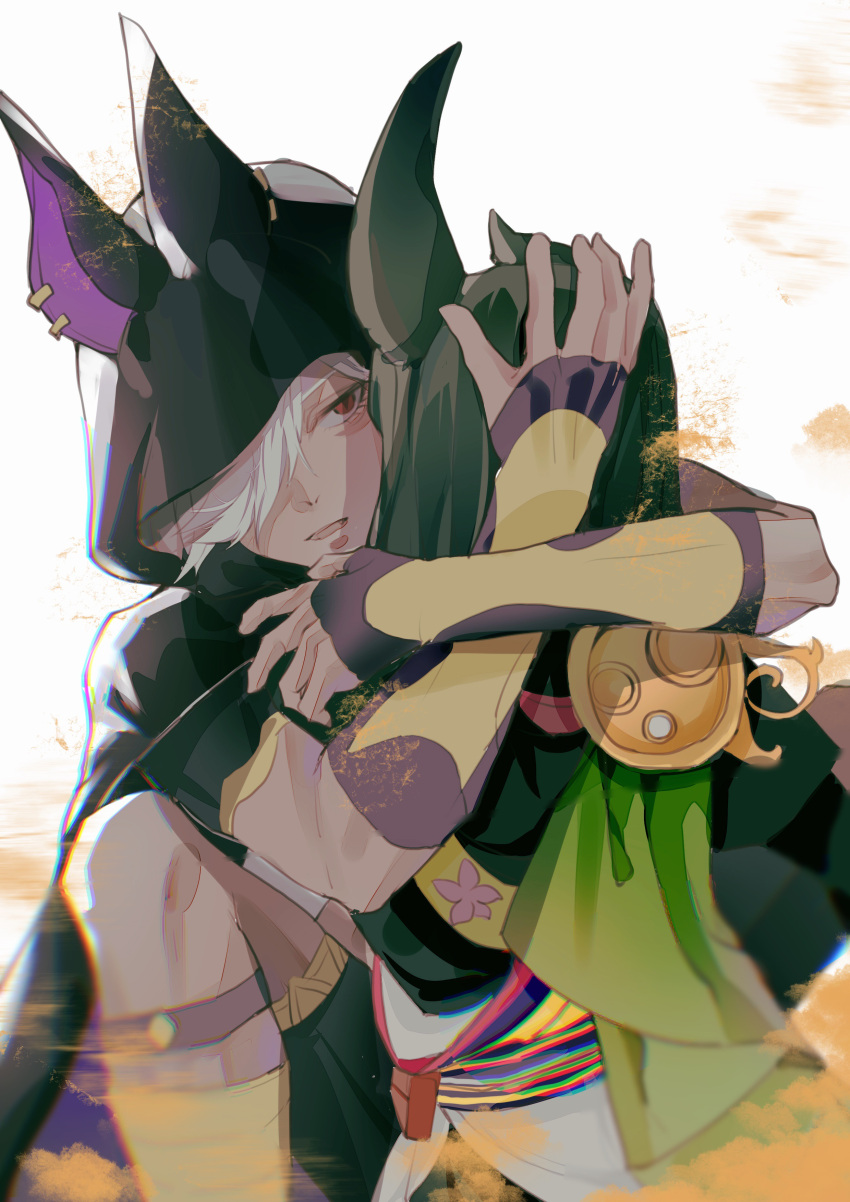 2boys absurdres animal_ear_fluff animal_ears animal_hat arabian_clothes black_hair chromatic_aberration cyno_(genshin_impact) dark-skinned_male dark_skin flower fox_boy fox_ears genshin_impact green_hair hair_over_one_eye hat highres hug jackal_ears long_hair male_focus motion_blur multiple_boys red_eyes tighnari_(genshin_impact) white_hair xincen-carrot