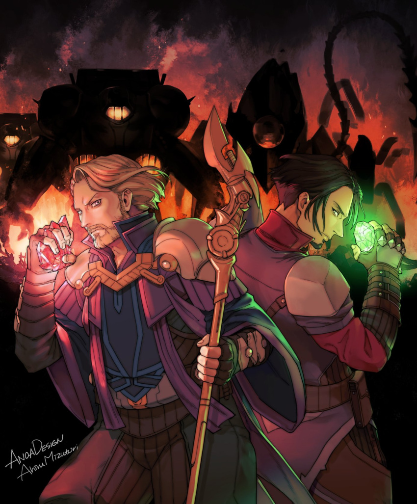 2boys ahiru_goya armor belt black_hair blonde_hair blurry blurry_background brothers brown_pants cape commentary_request cowboy_shot facial_hair fire gauntlets gem goatee highres holding holding_gem holding_staff looking_at_another magic:_the_gathering mecha mishra_(magic_the_gathering) multiple_boys pants pauldrons purple_cape rivalry robot shoulder_armor siblings signature staff urza_(magic_the_gathering)