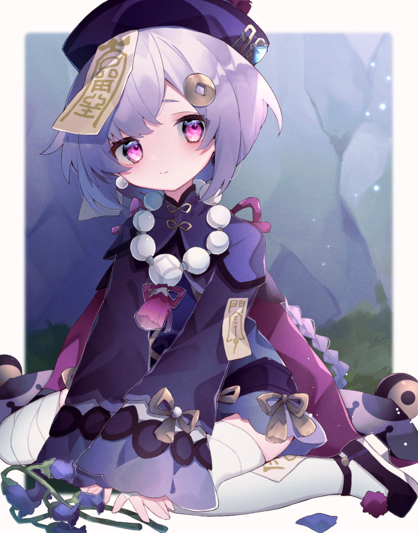 1girl bangs bead_necklace beads cape chinese_clothes coin_hair_ornament commentary_request earrings eringikinono genshin_impact hair_between_eyes hair_ornament hat highres jewelry jiangshi long_hair long_sleeves looking_at_viewer low_ponytail necklace ofuda orb parted_bangs purple_hair qing_guanmao qiqi_(genshin_impact) sidelocks simple_background sitting solo thigh-highs violet_eyes vision_(genshin_impact) wariza white_thighhighs yin_yang yin_yang_orb zettai_ryouiki
