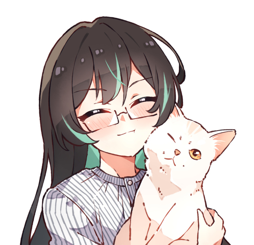 1girl animal blush brown_hair cat closed_eyes closed_mouth glasses green_hair grey_shirt holding holding_animal holding_cat kukie-nyan long_hair multicolored_hair original shirt simple_background smile solo striped striped_shirt two-tone_hair upper_body white_background white_cat