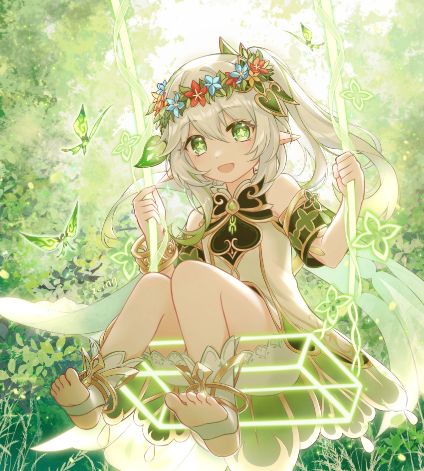 1girl :d bangs bracelet commentary_request detached_sleeves dress forest genshin_impact gradient_hair green_eyes hair_between_eyes hair_ornament head_wreath highres jewelry long_hair looking_at_viewer multicolored_hair nahida_(genshin_impact) nature pointy_ears short_sleeves side_ponytail sidelocks sitting smile solo stirrup_legwear swing symbol-shaped_pupils toeless_legwear toes white_dress white_hair zcing