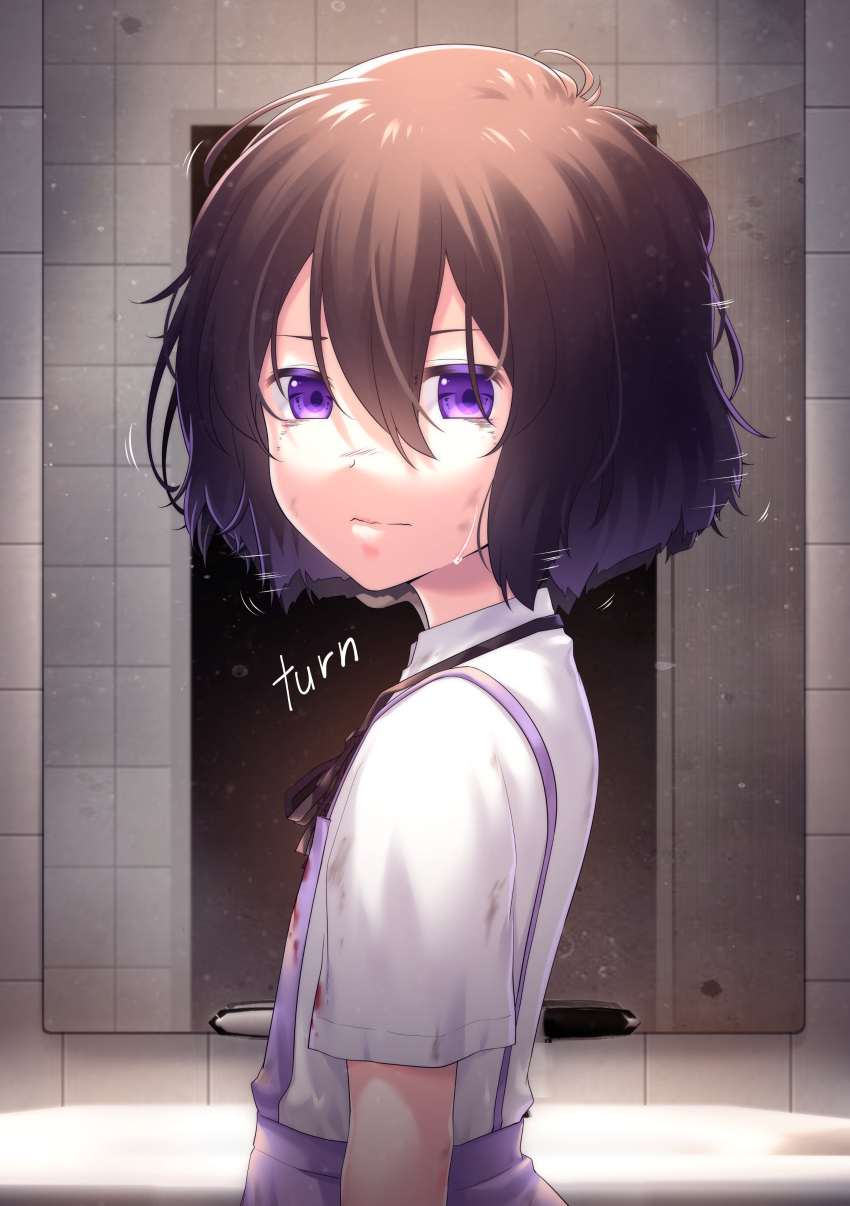 1girl absurdres black_hair blood blood_on_clothes brown_hair hair_between_eyes highres levana_violette_(lusan666) looking_back lusan666 mirror multicolored_hair original overalls purple_overalls shirt short_hair short_sleeves solo violet_eyes white_shirt
