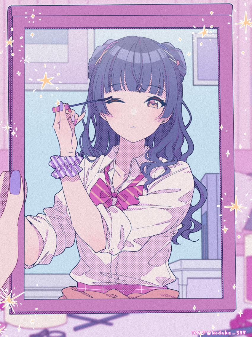 1girl applying_makeup bangs blue_hair blue_nails blunt_bangs bow bowtie cardigan cardigan_around_waist clothes_around_waist collarbone dress_shirt eyelashes fingernails framed gyaru hair_ornament hairpin hand_mirror highres holding idolmaster idolmaster_shiny_colors indoors long_hair looking_at_mirror loose_bowtie makeup mascara mayuzumi_fuyuko mirror multicolored_nails multiple_hairpins nail_polish pastel_colors pink_bow pink_cardigan pink_skirt purple_scrunchie purple_theme reflection school_uniform scrunchie shirt skirt sleeves_rolled_up solo star_(symbol) striped striped_bow striped_scrunchie takeko_spla twitter_username two-tone_scrunchie violet_eyes wavy_hair white_scrunchie white_shirt