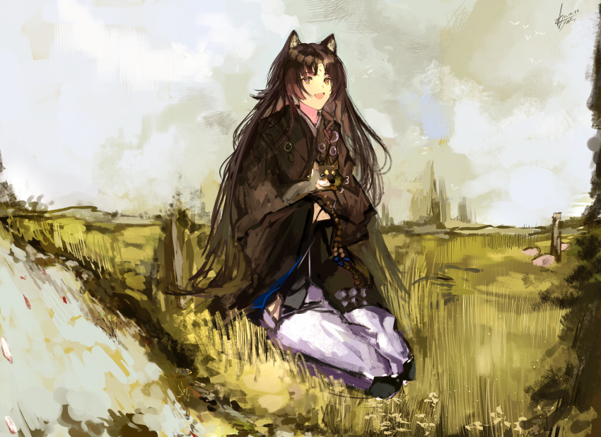 1girl :d absurdres animal animal_ear_fluff animal_ears arknights bangs black_hair black_kimono braid brown_eyes clouds cloudy_sky dated day dog dog_ears facial_mark field forehead_mark highres hip_vent holding holding_animal japanese_clothes kimono long_hair long_sleeves looking_afar looking_away open_mouth outdoors pants parted_bangs purple_pants saga_(arknights) side_braid signature sitting sky smile solo very_long_hair yuki_flourish
