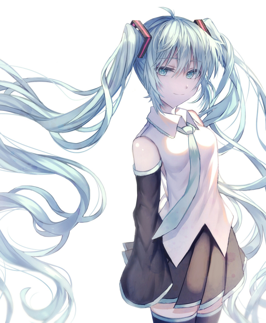 1girl bangs black_thighhighs blouse blue_hair deep_(deep4946) eyebrows_hidden_by_hair green_eyes hair_between_eyes hairband hatsune_miku highres long_hair looking_at_viewer necktie shirt simple_background skirt smile solo thigh-highs twintails vocaloid white_background