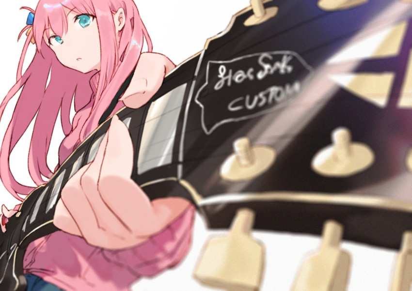 1girl :o aqua_eyes bocchi_the_rock! electric_guitar fifuth foreshortening gotou_hitori guitar hair_ornament holding holding_instrument instrument long_sleeves looking_at_viewer pink_hair pink_sweater solo sweater