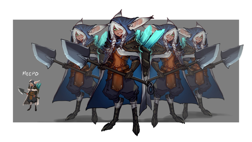 4girls absurdres animal_ear_fluff animal_ears animal_feet backpack bag black_gloves braid clone commentary crystal dota_(series) dota_2 ears_through_headwear english_commentary full_body genderswap genderswap_(mtf) gloves green_eyes grey_background hair_over_one_eye highres hood less long_hair looking_at_viewer meepo multiple_girls one_eye_closed parted_lips personification puffy_pants recurring_image simple_background smile twin_braids weapon white_hair