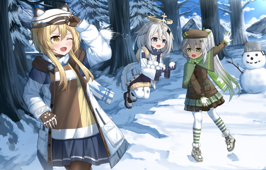 3girls :d absurdres alternate_costume bangs black_gloves black_hair black_pantyhose blonde_hair brown_gloves coat commentary_request floating forest genshin_impact gloves gradient_hair green_eyes hair_between_eyes hair_ornament halo hat highres long_hair long_sleeves lumine_(genshin_impact) mechanical_halo multicolored_hair multiple_girls nahida_(genshin_impact) nature paimon_(genshin_impact) pantyhose pointy_ears short_hair short_hair_with_long_locks side_ponytail sidelocks skym_(kumei) smile snow snowball snowman symbol-shaped_pupils throwing tree white_gloves white_hair winter_clothes winter_coat yellow_eyes