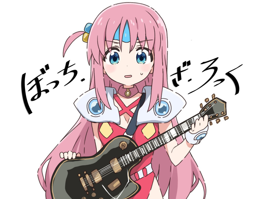 1girl bangs blue_eyes bocchi_the_rock! cosplay costume_switch crossover dress gotou_hitori guitar hair_between_eyes hair_cubes hair_ornament hair_over_eyes highres holding instrument long_hair macross macross_7 mylene_jenius one_side_up open_mouth pink_hair red_dress simple_background solo sweatdrop take_shinobu white_background