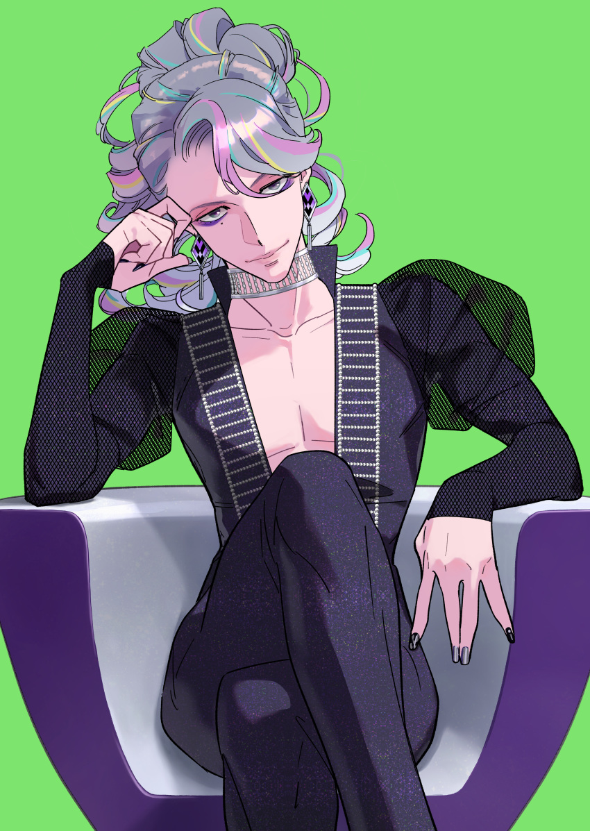 absurdres aqua_hair black_pants black_shirt blonde_hair chair character_request commentary_request earrings feet_out_of_frame girl_crush green_background grey_hair hand_up highres jewelry long_sleeves multicolored_hair nail_polish pants pink_hair shirt simple_background sitting smile solo streaked_hair tayama_midori