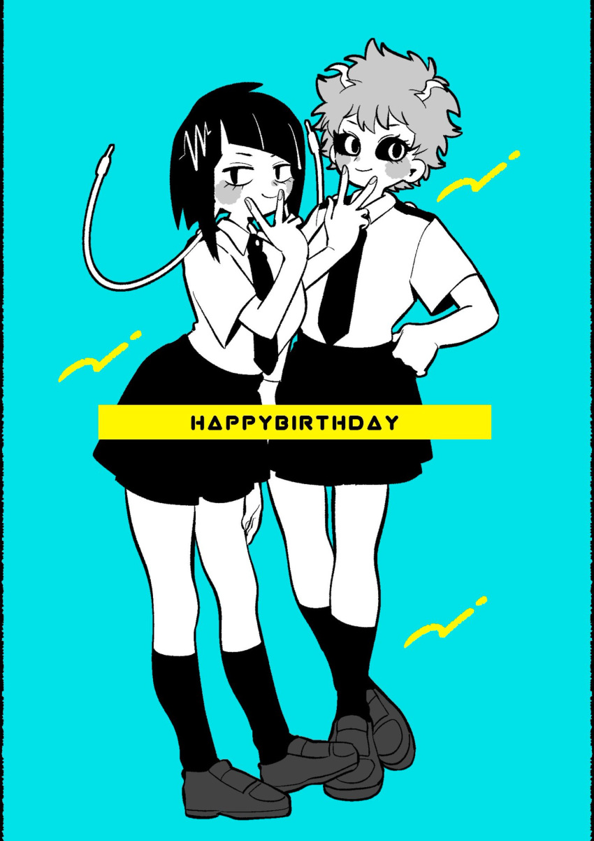 2girls anna_(aannnaa3) aqua_background ashido_mina audio_jack bangs blunt_bangs blush boku_no_hero_academia breasts closed_mouth collared_shirt colored_sclera commentary_request full_body greyscale_with_colored_background hand_on_hip happy_birthday highres horns jirou_kyouka kneehighs looking_at_viewer monochrome multiple_girls necktie pleated_skirt school_uniform shirt shoes short_hair short_sleeves simple_background skirt smile socks standing u.a._school_uniform v_over_mouth
