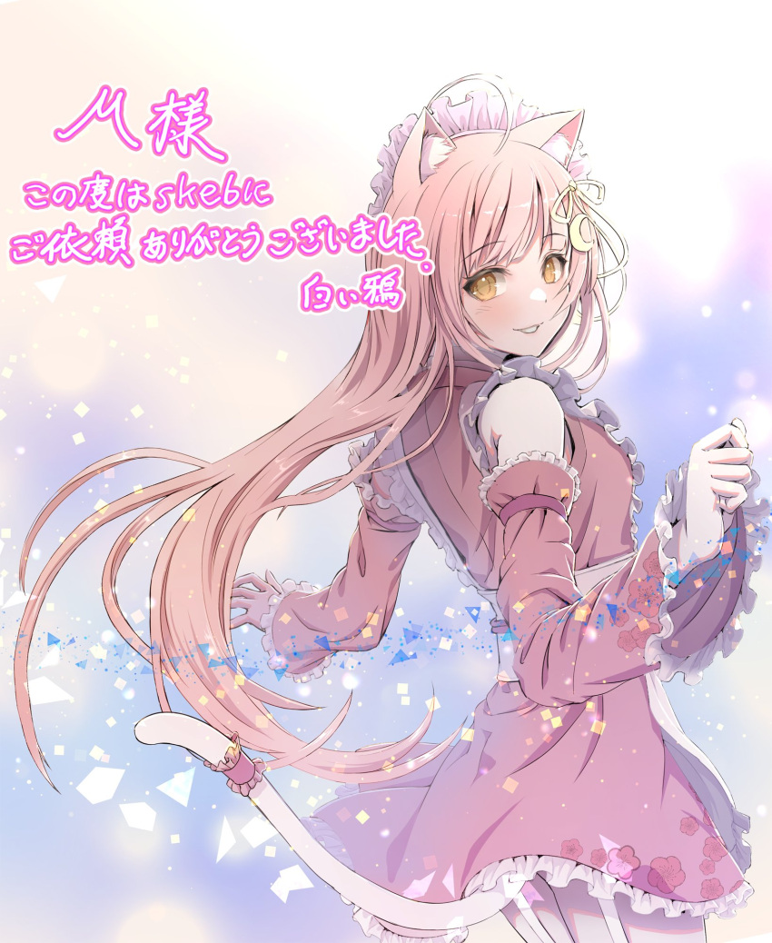 1girl animal_ear_fluff animal_ears bangs bare_shoulders cat_ears cat_tail commission copyright_request detached_sleeves floating_hair from_side highres indie_virtual_youtuber long_hair looking_at_viewer munmosshu pink_hair shiroi_karasu skeb_commission solo tail teeth translation_request very_long_hair yellow_eyes