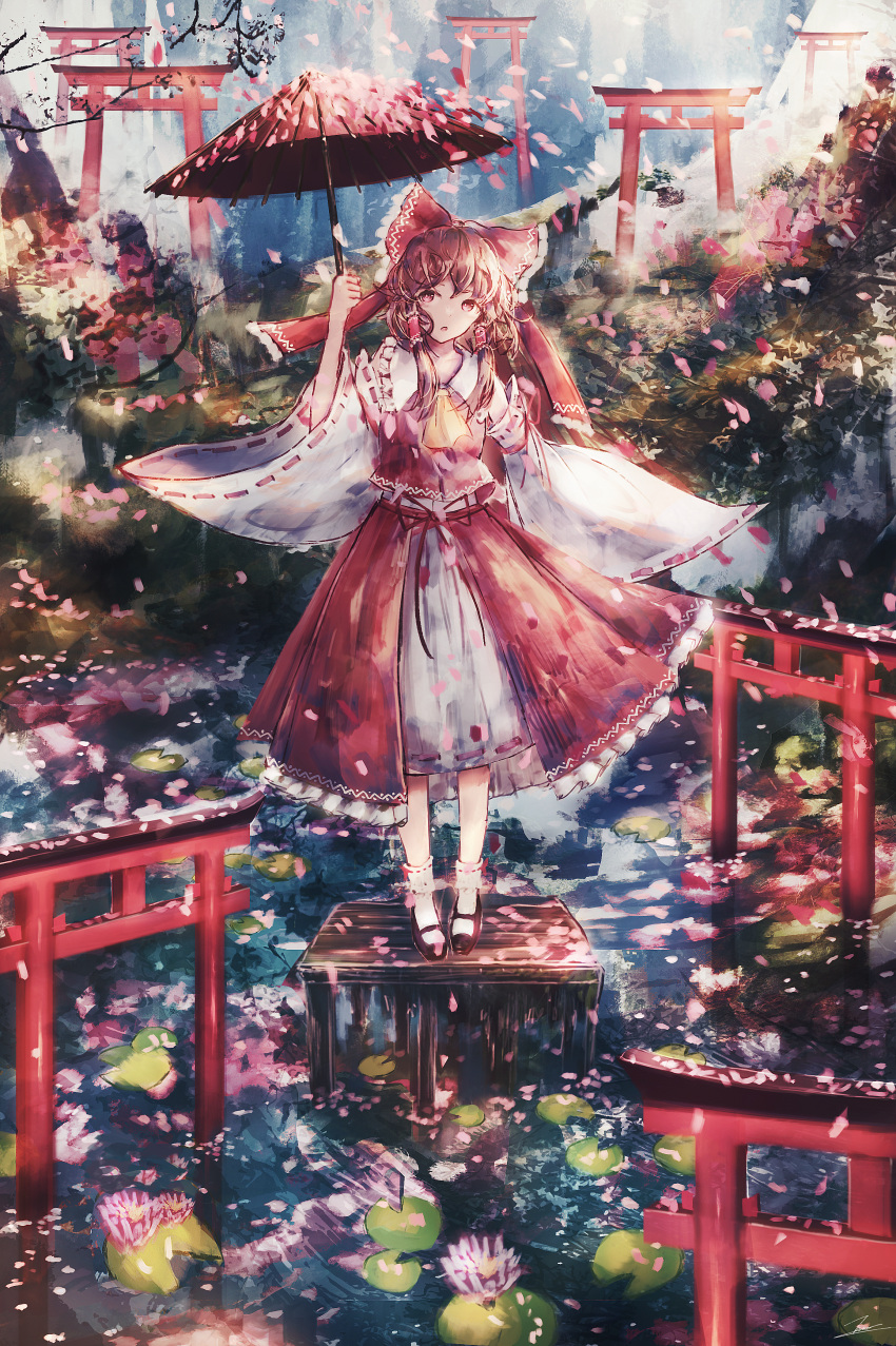 1girl :o absurdres ascot black_footwear bobby_socks bow branch brown_eyes brown_hair cherry_blossoms collared_dress detached_sleeves dress eyebrows_hidden_by_hair flower frilled_bow frilled_hair_tubes frilled_shirt_collar frills full_body hair_bow hair_tubes hakurei_reimu hand_up highres holding holding_umbrella layered_clothes lily_pad long_sleeves looking_to_the_side oil-paper_umbrella open_mouth outdoors parasol pink_flower platform red_bow red_ribbon red_skirt red_vest ribbon ribbon-trimmed_dress ribbon-trimmed_legwear ribbon-trimmed_sleeves ribbon_trim shoes short_hair_with_long_locks skirt skirt_set sleeveless sleeveless_dress socks solo tonan_(l0l0l0l0l0l) torii touhou umbrella vest water water_lily_flower white_dress white_sleeves white_socks wide_sleeves yellow_ascot