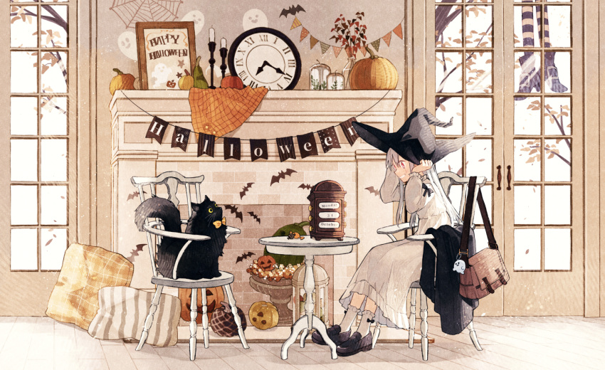 1girl animal bag bangs bat_(animal) black_cat black_eyes black_footwear black_headwear bow bowtie branch brick_wall brown_bag bunting candle candlestand cat chair clock colored_sclera dated decorations door dress english_text fireplace fluffy food frilled_socks frills fruit ghost glass_bottle glass_door halloween hand_on_headwear happy_halloween hat hinata_(echoloveloli) indoors jack-o'-lantern jacket jacket_removed jar lantern leaf loafers long_hair looking_at_another messenger_bag on_chair open_mouth original photo_frame pillow plaid plant pumpkin red_eyes roman_numeral shoes shoulder_bag silk sitting socks spider_web squash star_(symbol) string striped table tablecloth teeth vase vertical_stripes wallpaper_(object) whiskers white_dress white_hair white_socks window witch_hat yellow_bow yellow_bowtie yellow_eyes yellow_sclera