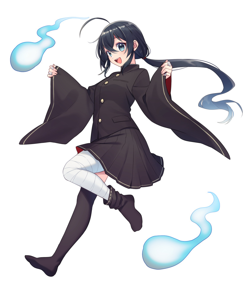 :d absurdres ahoge asymmetrical_legwear bandaged_fingers bandaged_leg bandages bangs black_hair black_jacket black_skirt black_socks black_thighhighs blue_eyes commission copyright_request floating_hair hair_between_eyes highres hitodama jacket long_hair long_sleeves low_ponytail pinching_sleeves pleated_skirt ponytail ribbon-trimmed_legwear ribbon_trim sakura_chiyo_(konachi000) simple_background single_sock single_thighhigh skirt sleeves_past_wrists smile socks teeth thigh-highs upper_teeth very_long_hair virtual_youtuber white_background wide_sleeves