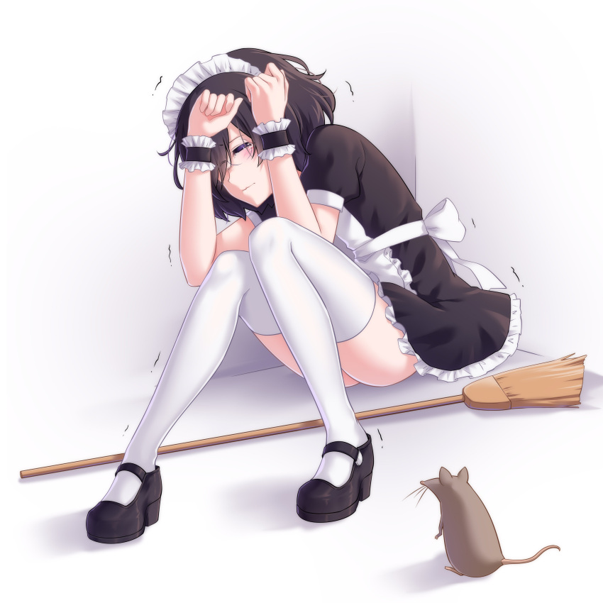 1girl 1other absurdres animal apron ass black_footwear broom brown_hair closed_eyes closed_mouth glasses highres levana_violette_(lusan666) lusan666 maid maid_apron maid_headdress mouse original shoes short_hair solo thigh-highs white_thighhighs wristband