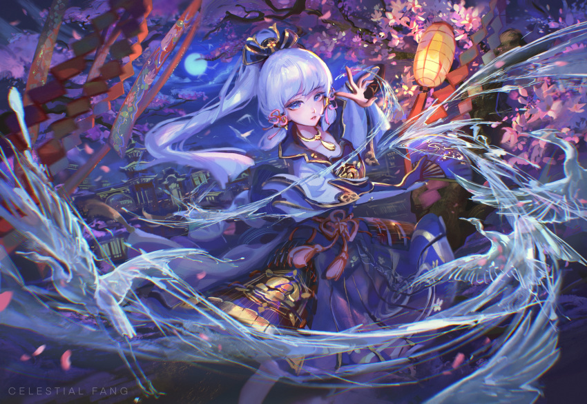 1girl absurdres armor artist_name bangs blue_eyes blue_jacket blue_skirt breastplate building celestial_fang clouds collarbone commentary_request cropped_jacket floating_hair full_moon genshin_impact grey_hair hand_up high_ponytail highres jacket kamisato_ayaka lantern long_hair looking_at_viewer moon night night_sky outdoors paper_lantern parted_lips pleated_skirt ponytail sidelocks skirt sky solo very_long_hair