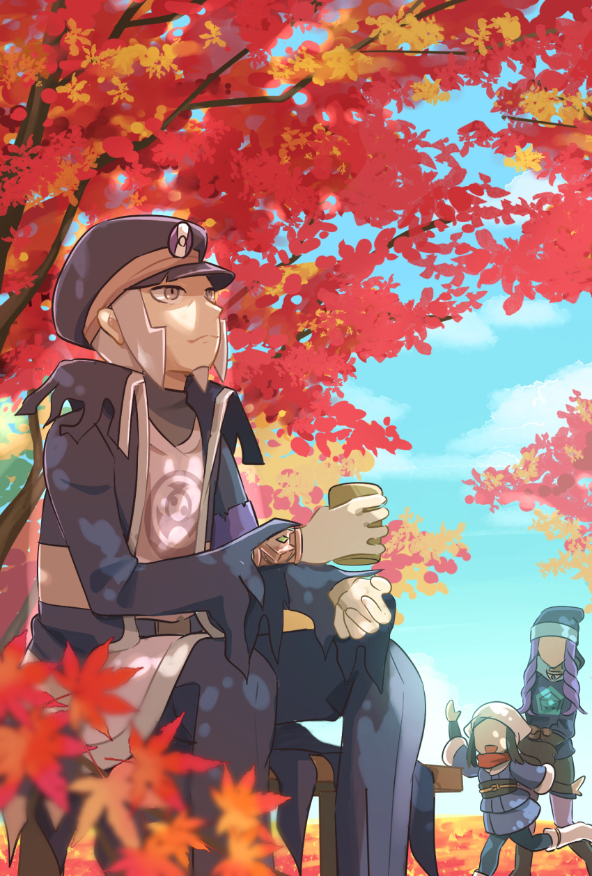 1girl 2boys akari_(pokemon) bench black_coat black_headwear closed_mouth clouds coat commentary_request cup day faceless faceless_female faceless_male grey_eyes grey_hair hat high_collar highres holding holding_cup ingo_(pokemon) long_sideburns looking_up melli_(pokemon) mizuiro123 multiple_boys outdoors peaked_cap pearl_clan_outfit pokemon pokemon_(game) pokemon_legends:_arceus short_hair sideburns sitting sky smile striped_coat torn_clothes torn_coat tree trench_coat
