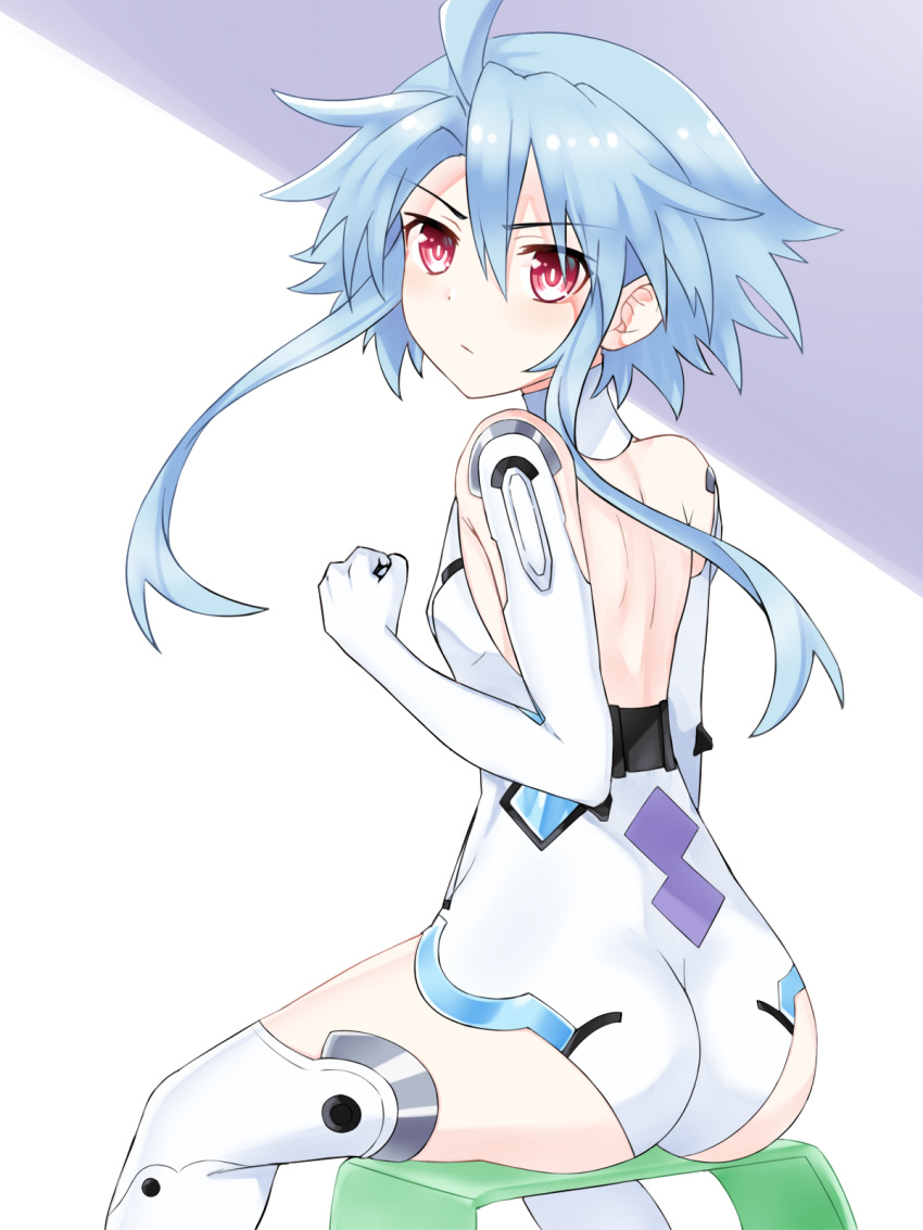 1girl ahoge ass back blue_hair gloves highres leotard long_hair looking_at_viewer neptune_(series) paid_reward_available power_symbol red_eyes short_hair_with_long_locks sitting solo symbol-shaped_pupils white_heart wings zatsu