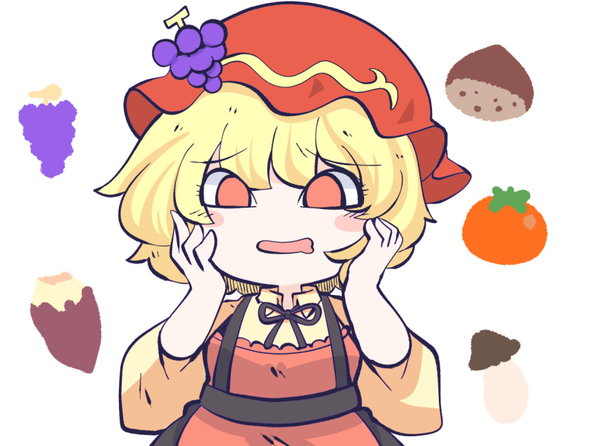 1girl aki_minoriko apron blonde_hair blush chestnut collared_shirt drooling food fried_rice0614 fruit fruit_hat_ornament grape_hat_ornament grapes hat hat_ornament long_sleeves mob_cap mouth_drool mushroom one-hour_drawing_challenge open_mouth persimmon red_apron red_eyes red_headwear shirt short_hair simple_background solo sweet_potato touhou upper_body white_background yellow_shirt