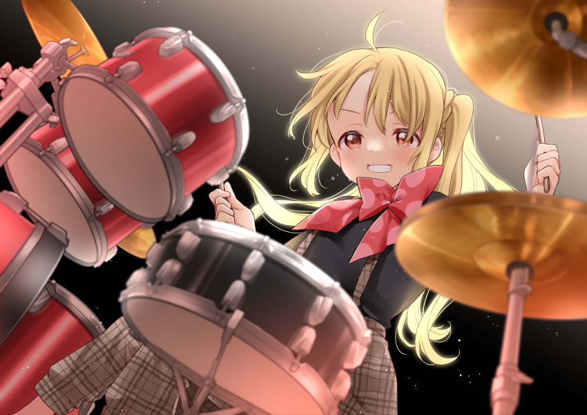 1girl absurdres bangs black_shirt blonde_hair blurry blurry_foreground bocchi_the_rock! bow bowtie brown_eyes commentary_request drum drum_set drumming dutch_angle grin highres ijichi_nijika instrument long_hair looking_at_viewer official_art pants plaid plaid_pants shirt side_ponytail smile solo suspenders sweat uchino_maiko