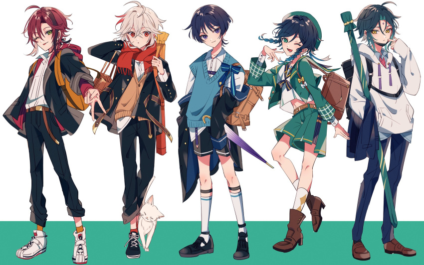 5boys ahoge bishounen black_hair cat full_body genshin_impact gg_suyari green_eyes highres kaedehara_kazuha male_focus multicolored_hair multiple_boys one_eye_closed red_eyes redhead scaramouche_(genshin_impact) shikanoin_heizou shorts simple_background streaked_hair thighs venti_(genshin_impact) violet_eyes white_background white_cat white_hair xiao_(genshin_impact) yellow_eyes