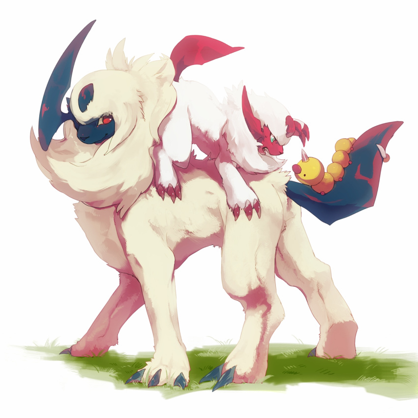 ._. 10r_(tulipano) absol alternate_color animal_focus aqua_eyes bad_id bad_pixiv_id black_eyes bug claws closed_mouth commentary eye_contact fang fluffy full_body fur_collar grass highres looking_at_another looking_back no_humans open_mouth pokemon pokemon_(creature) red_eyes shiny_pokemon short_hair sidelocks simple_background standing sweat teeth weedle white_background white_hair