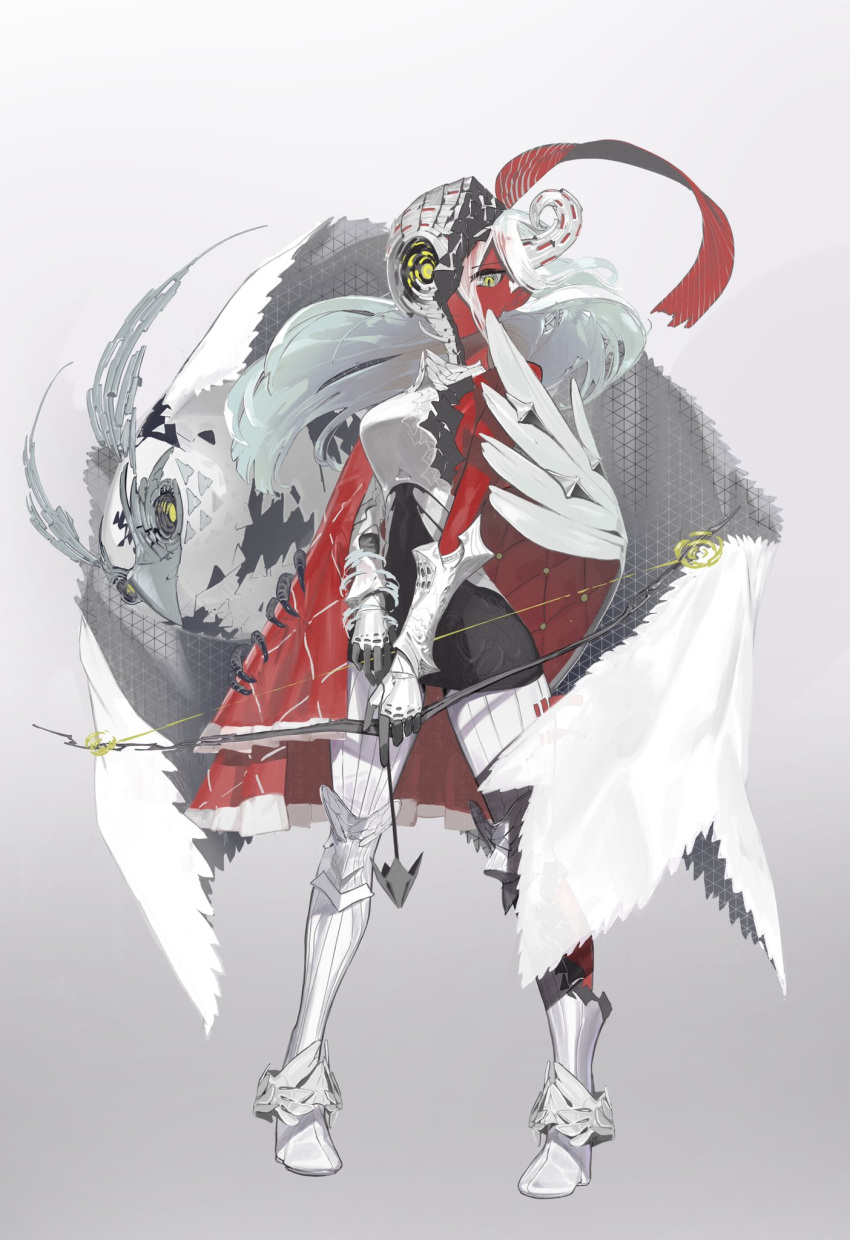 1girl animal arrow_(projectile) bird bow_(weapon) breasts cape closed_mouth colored_skin english_commentary feathers full_body gauntlets gradient gradient_background grey_background hat_feather highres holding holding_bow_(weapon) holding_weapon medium_breasts multicolored_eyes non-humanoid_robot original owl pigeon-toed red_cape red_feathers red_skin ringed_eyes robot robot_animal simple_background solo standing toriseka two-sided_cape two-sided_fabric weapon white_armor white_cape white_eyes white_footwear yellow_eyes